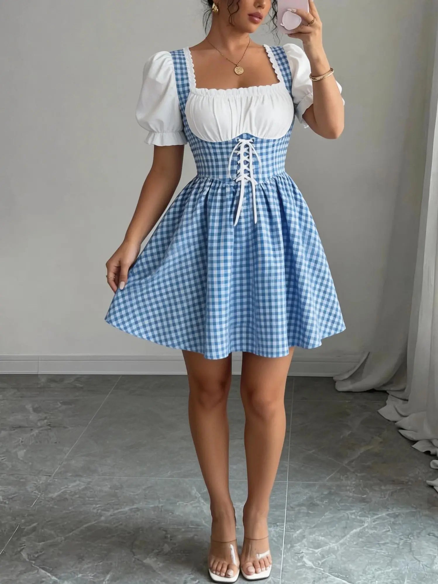 Blue and white gingham square necked puff sleeved lace up short dress