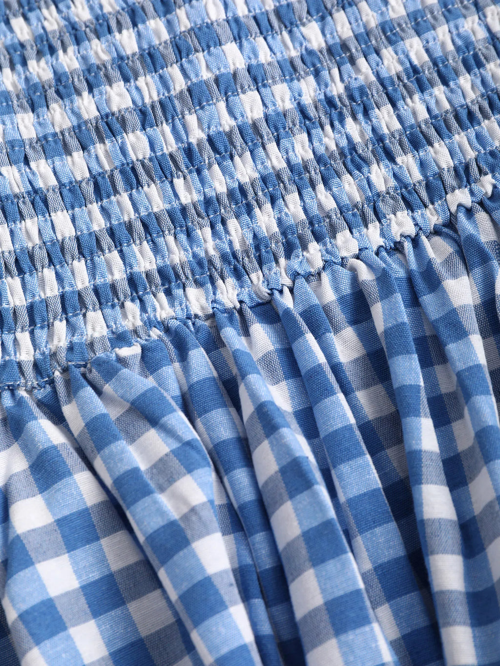 Blue and white gingham square necked puff sleeved lace up short dress