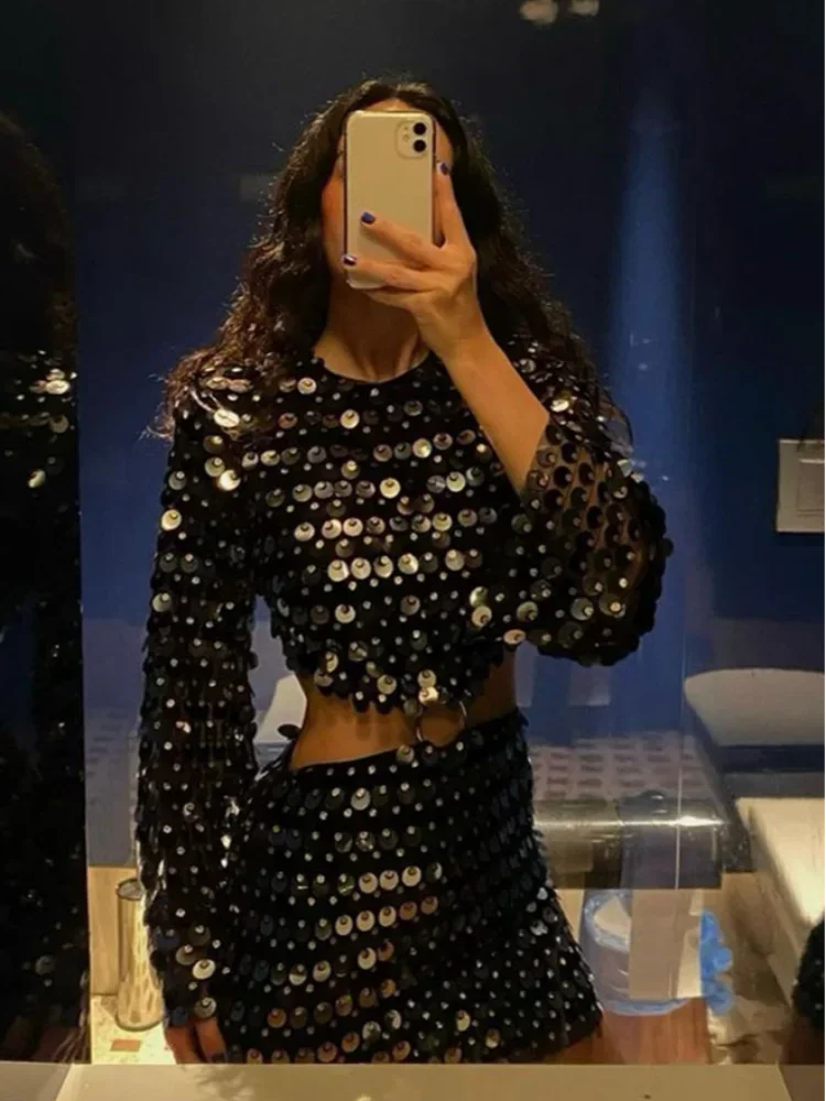 CHNMR Sexy Shiny Sequins Dresses Female Glitter Flaer Sleeve Slim Hollow Out Mini Dress Sparkling Club Party Outfits High Street