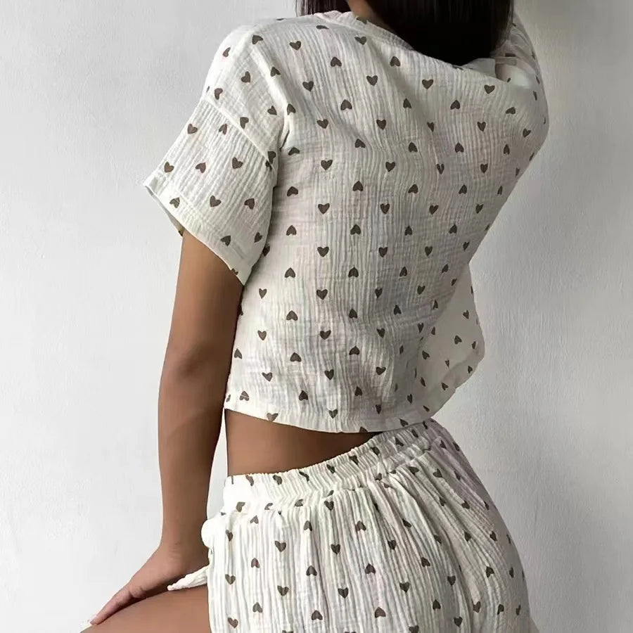 New Women's Home Clothes Pajamas Love Printed Soft and Comfortable Cotton Shorts Casual Loose Open Umbilical T-shirt Hot Selling