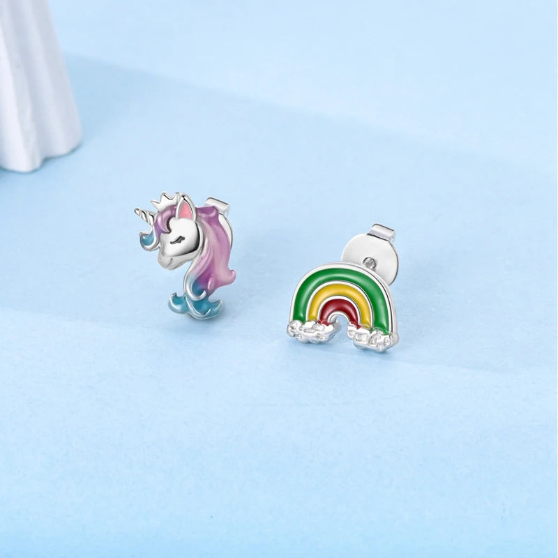 925 Silver Unicorn Rainbow Horse Sparkling Color Gemstone Women's Sweet Earrings Fit for Anniversary Engagement Delicate Jewelry