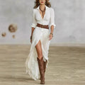 Women Western Boho White Shirt Maxi Dress Long Sleeve Button Down Ruched High Slit Flowy Dress Cowgirl Vintage Casual Party Robe