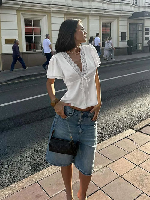 Ahagaga Causal Women Tops Solid Lace -Neck Short Sleeves Satin Slim Button Regular Eelgant Streetwear Tees Female Basic T Shirts