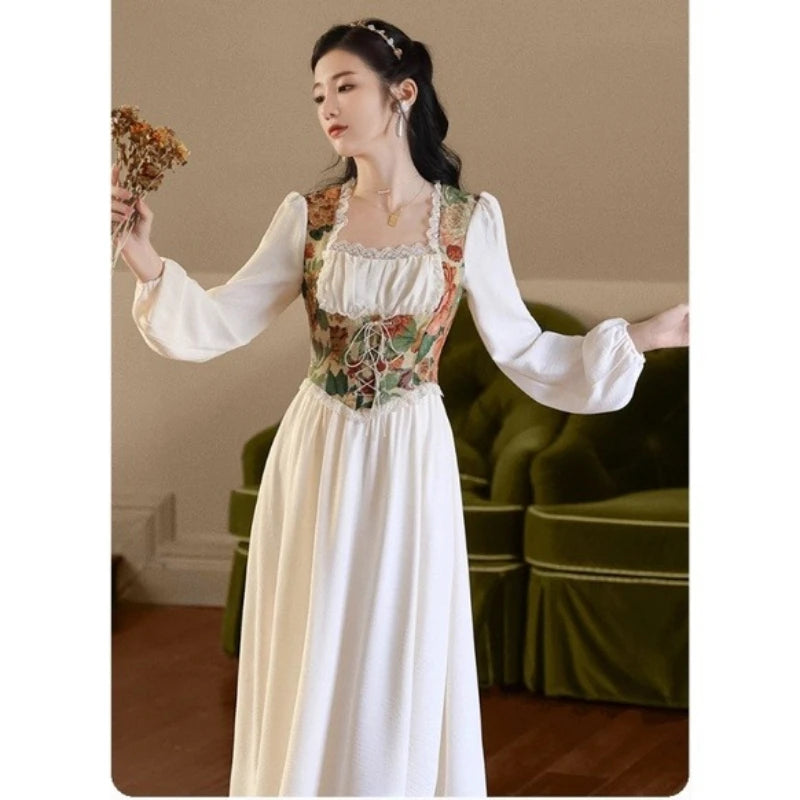 Women Vintage Floral Print Corset Dress, Long Sleeve Square Neck Lace Midi Dress, Cottagecore Elegant A-Line Party Dress