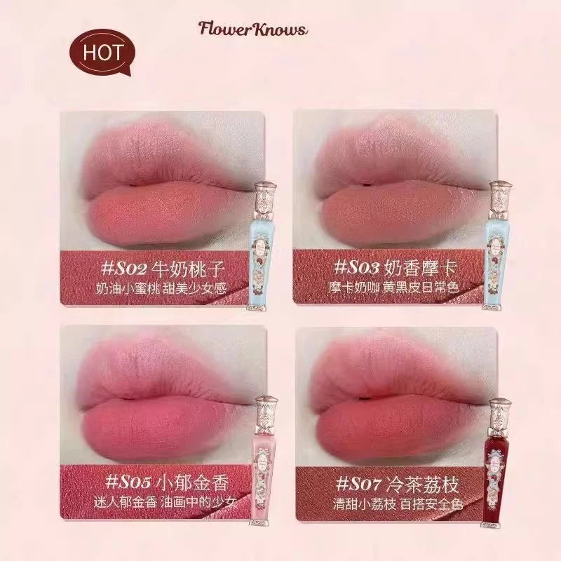 Flowerknows Strawberry Rococo Lip Cream Cloud Liquid Lip Stick Lip Glaze Matte Velvet Korean Makeup Long Lasting Lipgloss