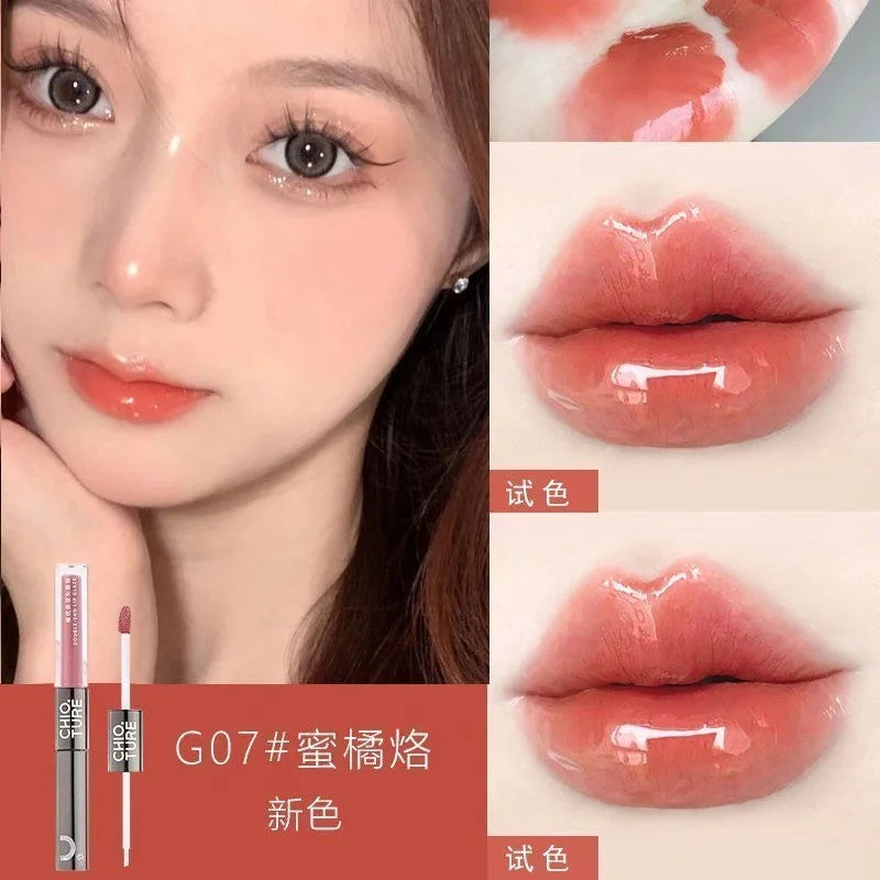 CHIOTURE Double-ended Lip Glaze Mirror Watery Glossy Lip Oil Lip Honey Female Non-stick Cup Lipstick Lip Gloss Non-fading Makeup