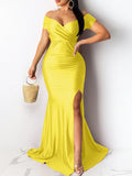 Classic High Slit Evening Dress Women Solid Maxi Long Dresses With Sleeves Wedding Bridesmaid Elegant Party Dresses 2025 Woman