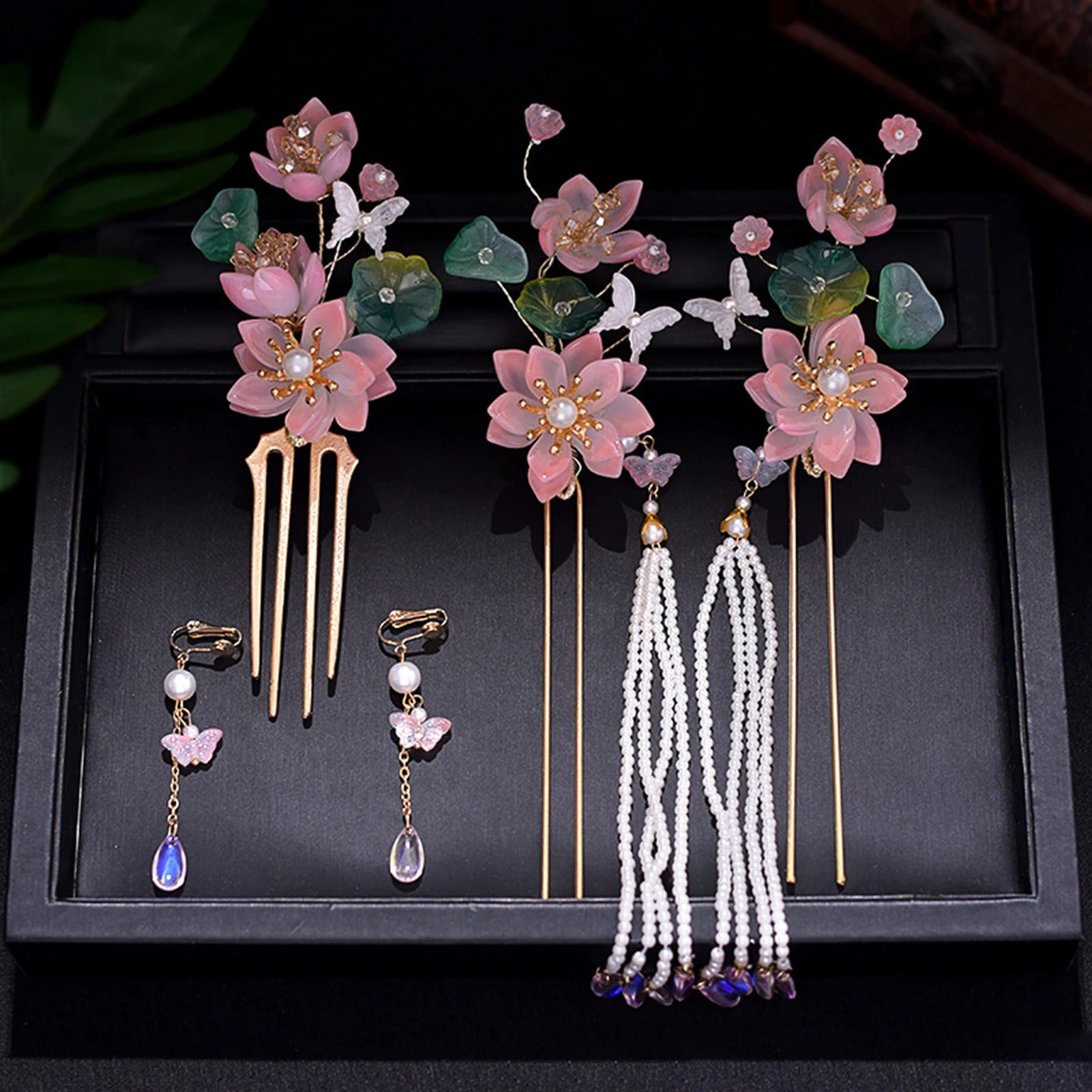 Chinese Hanfu Hair Stick Hairpin Earrings Hair Accessories Set Long Fringed Vintage Hairpin Flower Handmade Wedding Hair Jewelry