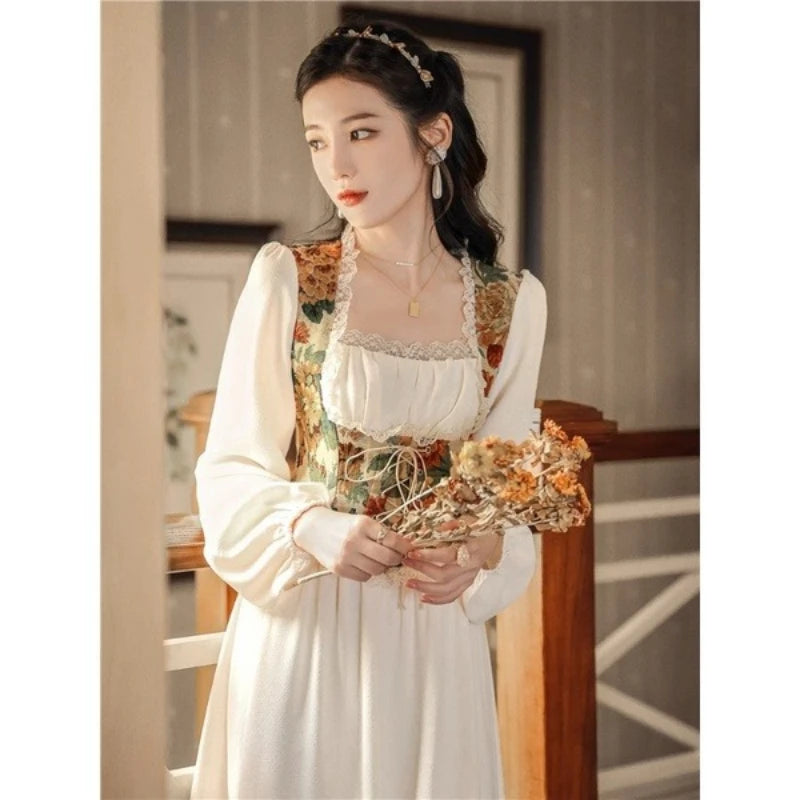 Women Vintage Floral Print Corset Dress, Long Sleeve Square Neck Lace Midi Dress, Cottagecore Elegant A-Line Party Dress