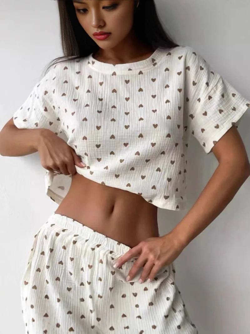 New Women's Home Clothes Pajamas Love Printed Soft and Comfortable Cotton Shorts Casual Loose Open Umbilical T-shirt Hot Selling