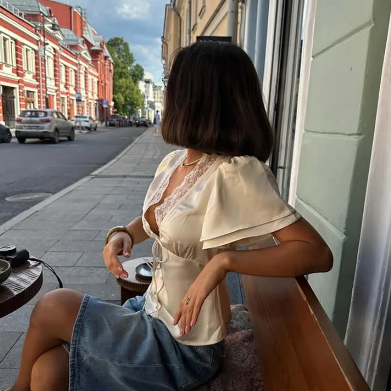 Women's Lace V-Neck Satin Top