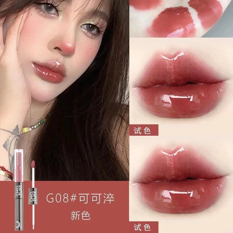 CHIOTURE Double-ended Lip Glaze Mirror Watery Glossy Lip Oil Lip Honey Female Non-stick Cup Lipstick Lip Gloss Non-fading Makeup