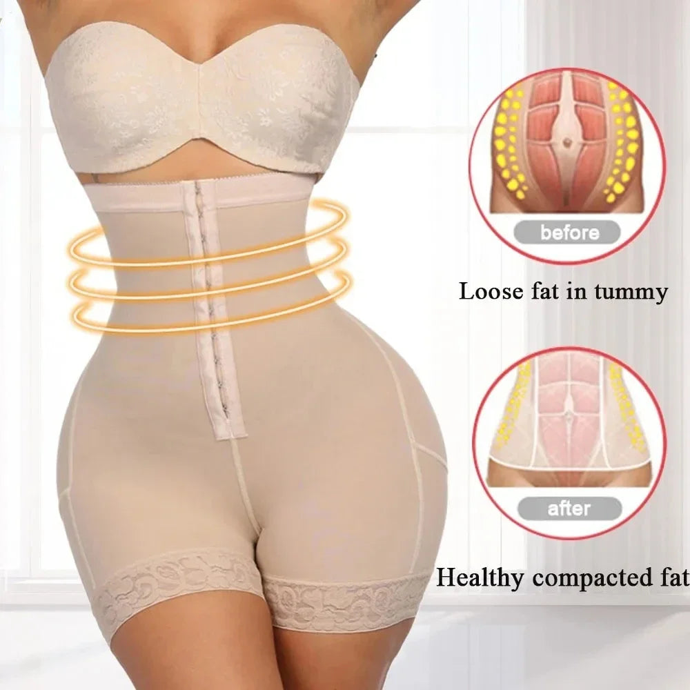 Women's high waisted, cinched, breasted shapewear pants with lace lifting hips, lightweight and breathable flat angle pants