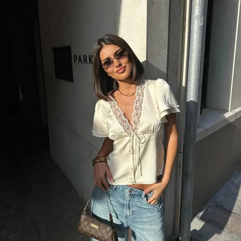 Women's Lace V-Neck Satin Top