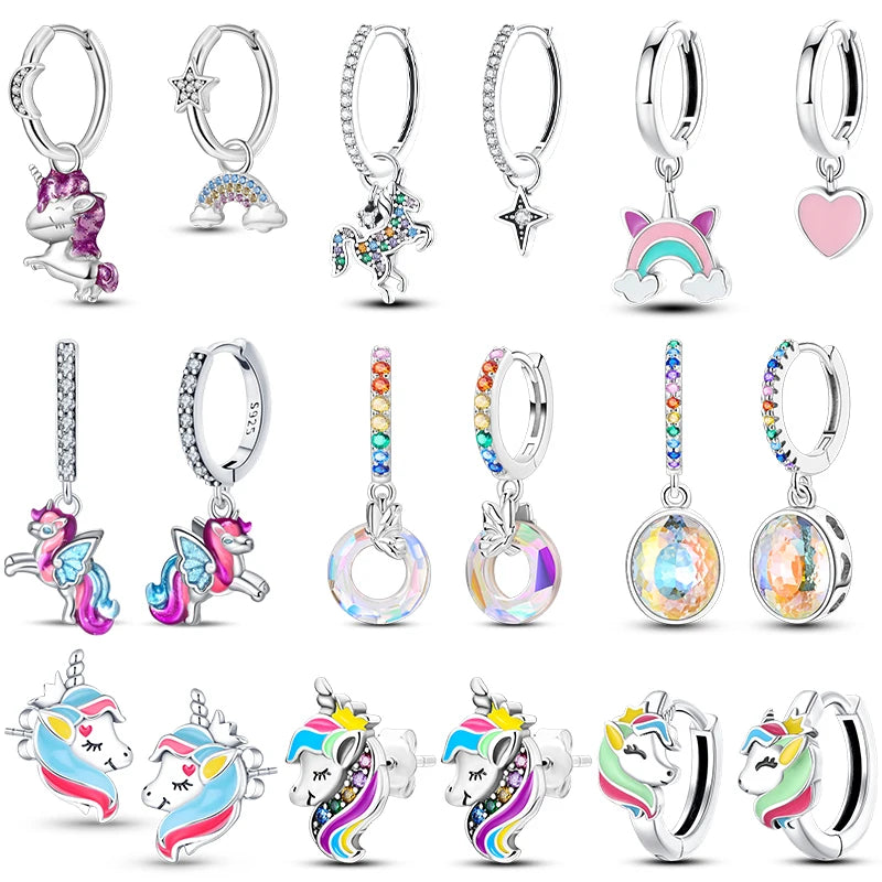 925 Silver Unicorn Rainbow Horse Sparkling Color Gemstone Women's Sweet Earrings Fit for Anniversary Engagement Delicate Jewelry