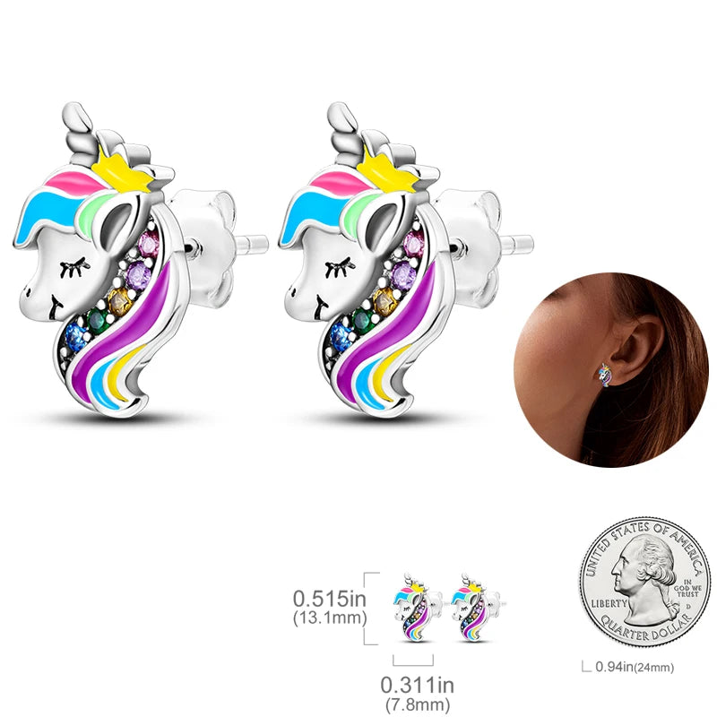 925 Silver Unicorn Rainbow Horse Sparkling Color Gemstone Women's Sweet Earrings Fit for Anniversary Engagement Delicate Jewelry