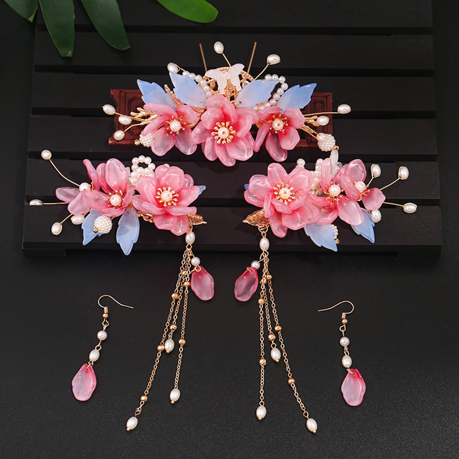 Chinese Hanfu Hair Stick Hairpin Earrings Hair Accessories Set Long Fringed Vintage Hairpin Flower Handmade Wedding Hair Jewelry