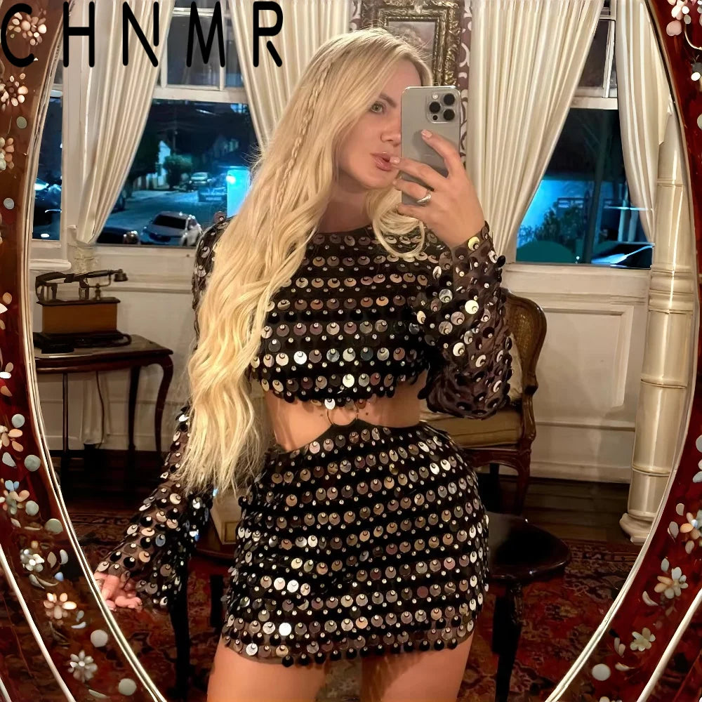 CHNMR Sexy Shiny Sequins Dresses Female Glitter Flaer Sleeve Slim Hollow Out Mini Dress Sparkling Club Party Outfits High Street