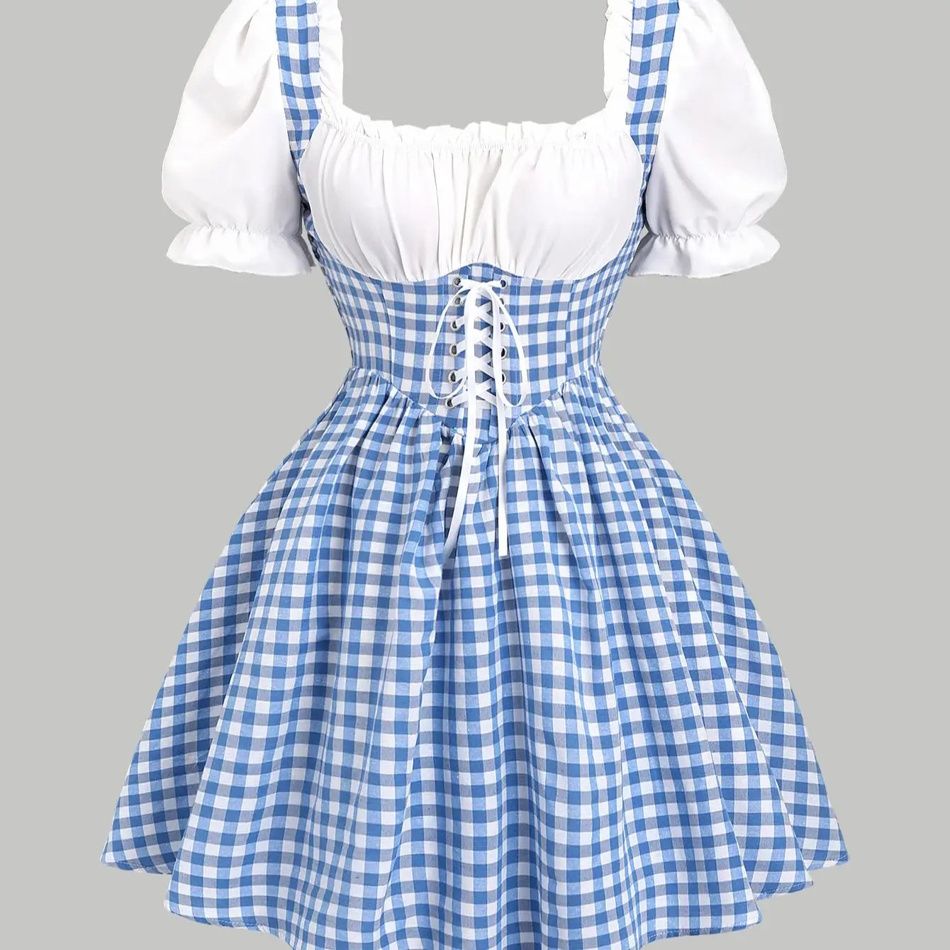 Blue and white gingham square necked puff sleeved lace up short dress