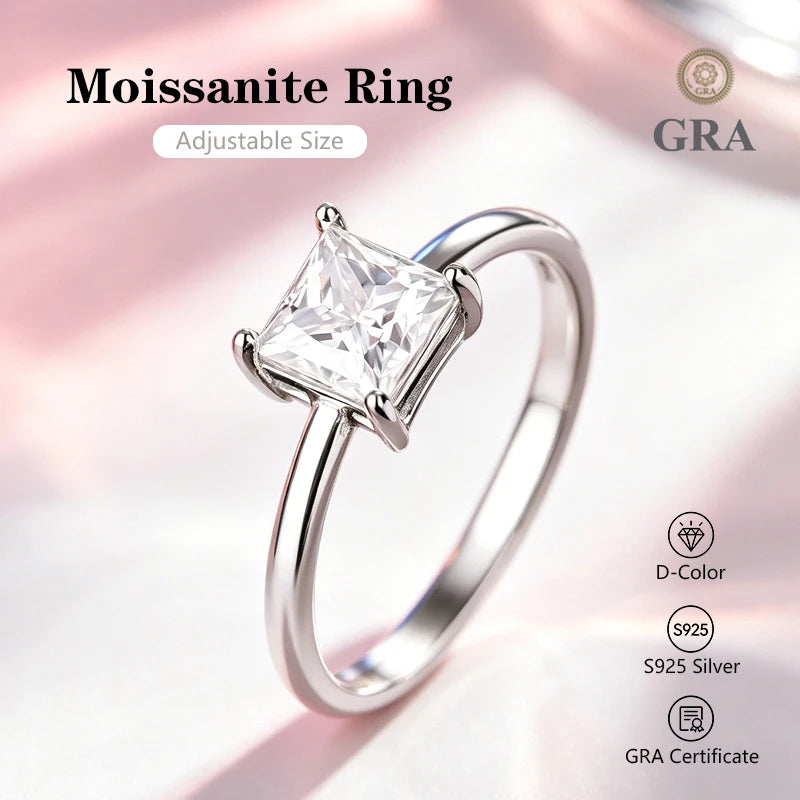 0.5-2.0CT Princess Cut Moissanite Ring D Color S925 Silver Passed Diamond Tester For Women Wedding Luxury Gifts With GRA