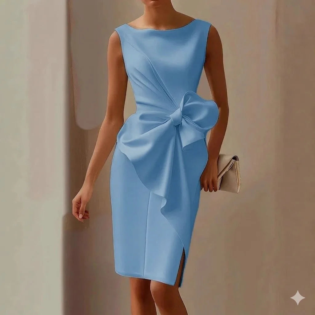 Fashionable Butterfly Knot Sleeveless Midi Dress 2026 Pure Color European Style Dress for Women