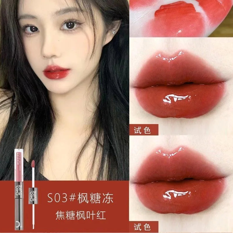 CHIOTURE Double-ended Lip Glaze Mirror Watery Glossy Lip Oil Lip Honey Female Non-stick Cup Lipstick Lip Gloss Non-fading Makeup