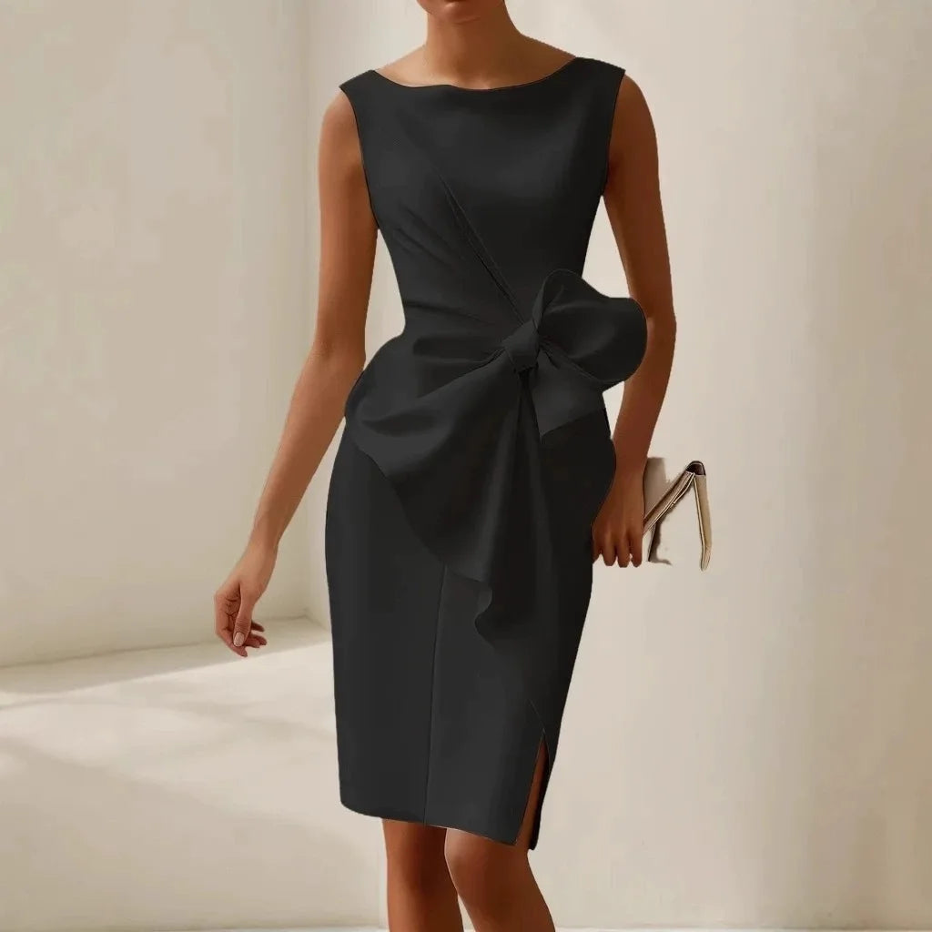 Fashionable Butterfly Knot Sleeveless Midi Dress 2026 Pure Color European Style Dress for Women