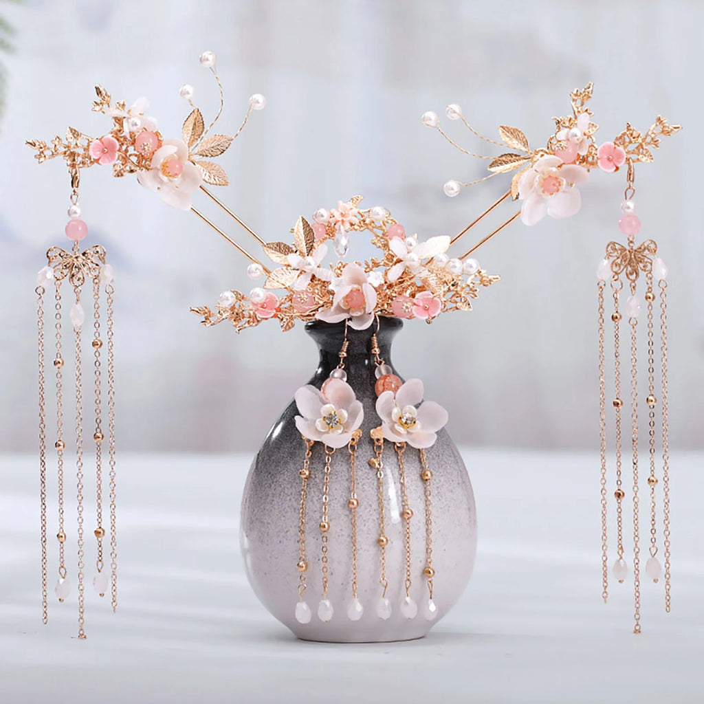 Chinese Hanfu Hair Stick Hairpin Earrings Hair Accessories Set Long Fringed Vintage Hairpin Flower Handmade Wedding Hair Jewelry