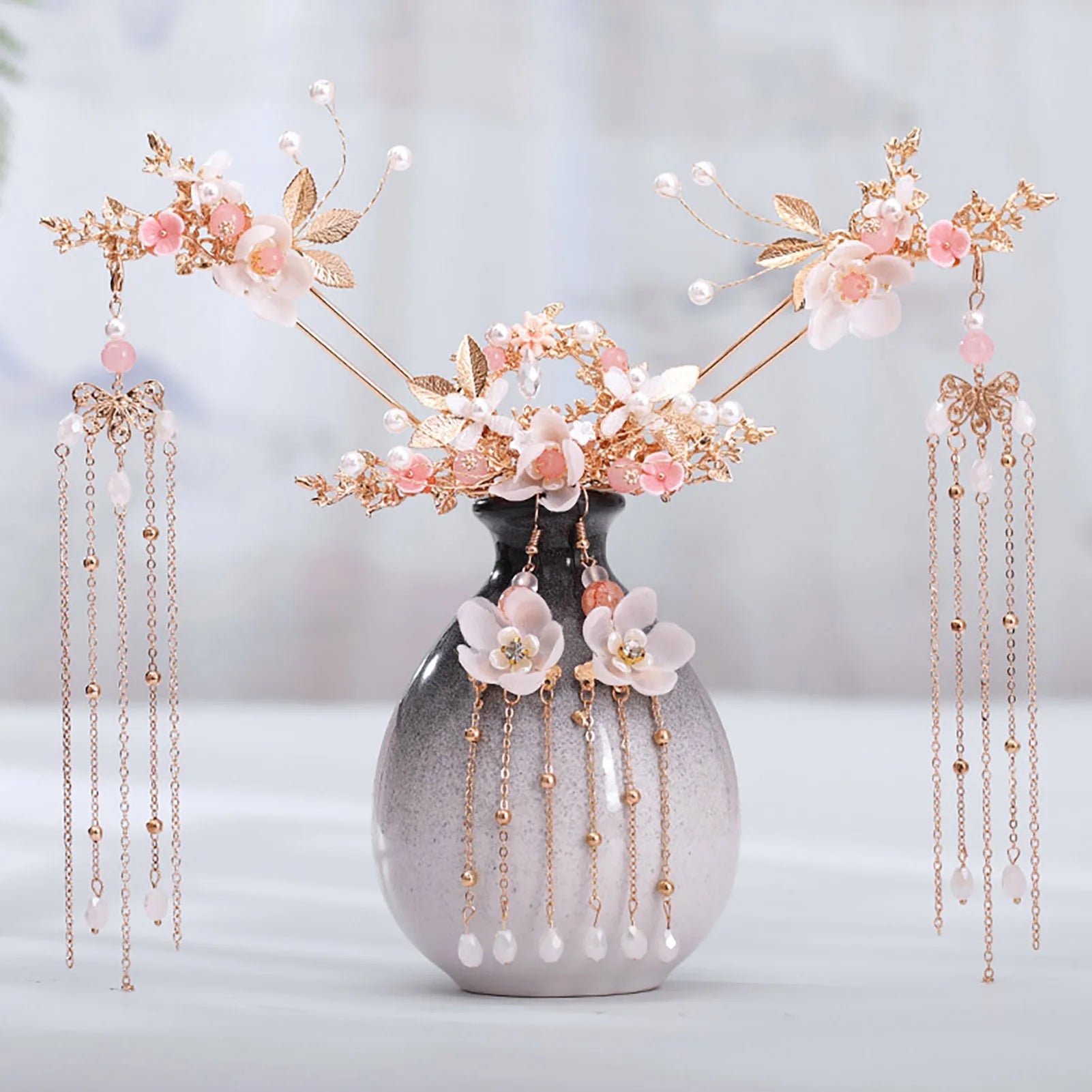 Chinese Hanfu Hair Stick Hairpin Earrings Hair Accessories Set Long Fringed Vintage Hairpin Flower Handmade Wedding Hair Jewelry