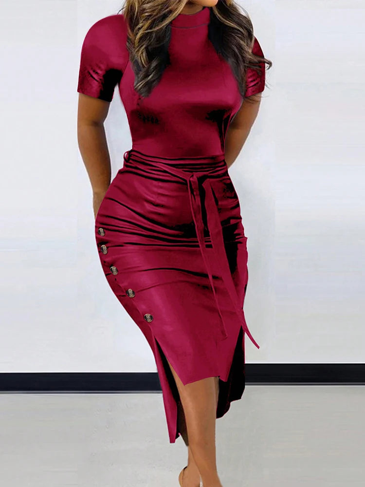 Classic Bodycon Lace-up Summer Dress Solid Hip Wrap Buttons Midi Short Dressses Elegant Women's Dresses 2025 Woman Clothing