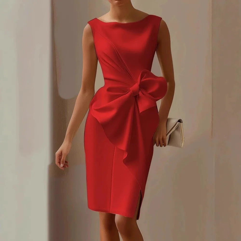Fashionable Butterfly Knot Sleeveless Midi Dress 2026 Pure Color European Style Dress for Women