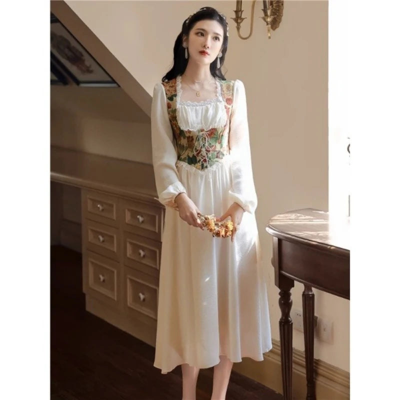 Women Vintage Floral Print Corset Dress, Long Sleeve Square Neck Lace Midi Dress, Cottagecore Elegant A-Line Party Dress