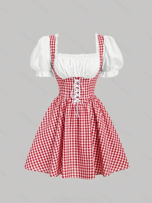 Blue and white gingham square necked puff sleeved lace up short dress