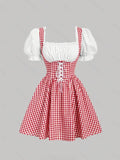 Blue and white gingham square necked puff sleeved lace up short dress