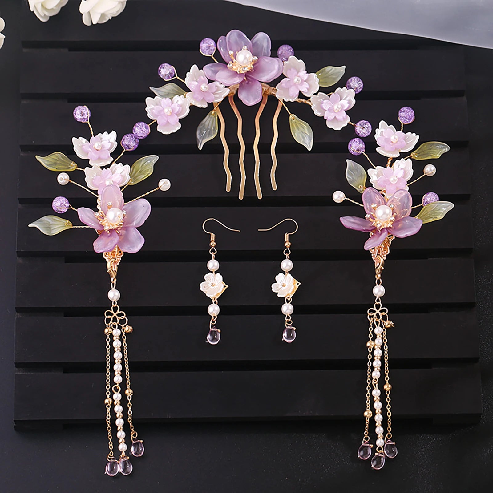 Chinese Hanfu Hair Stick Hairpin Earrings Hair Accessories Set Long Fringed Vintage Hairpin Flower Handmade Wedding Hair Jewelry