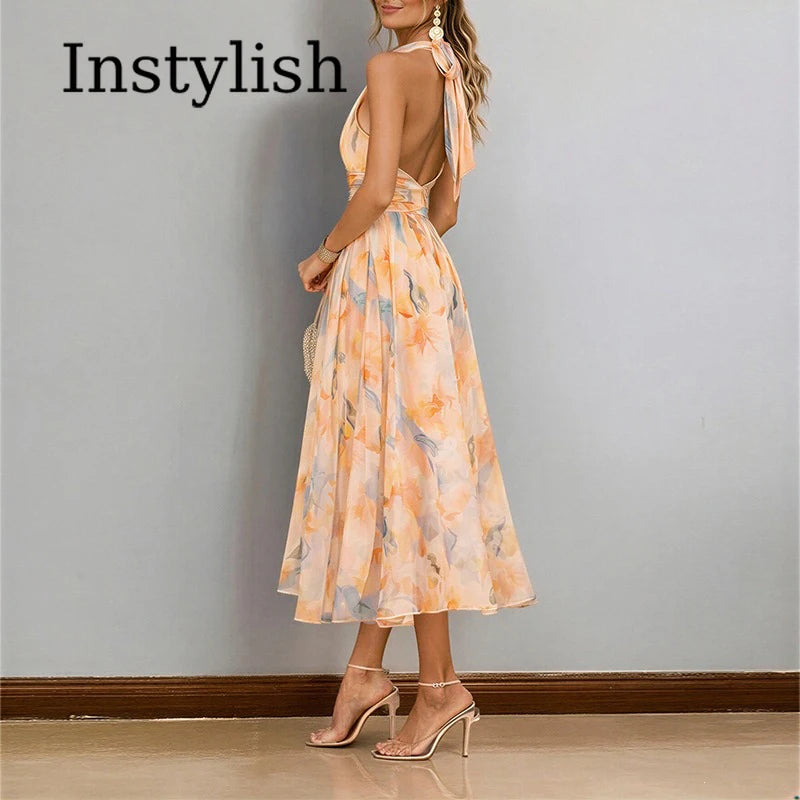 Temperament Women's Dopamine Color Floral Suspender Halter Neck Backless Dress Women's Summer High-end Seaside Beach Long Dress