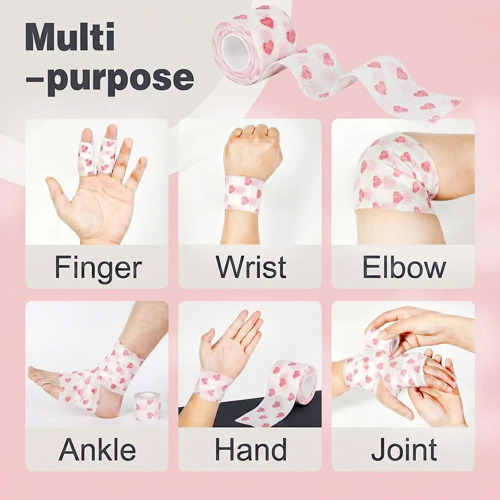 Pink Heart Sports Bandage Tattoo Grip Tapes Elastic Cohesive Tattoo Bandage Wraps NonSlip Grip Tape for Tattoo Machine Accessory