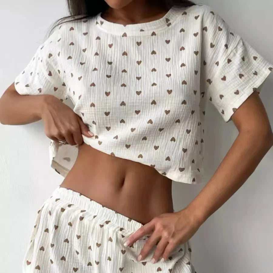New Women's Home Clothes Pajamas Love Printed Soft and Comfortable Cotton Shorts Casual Loose Open Umbilical T-shirt Hot Selling
