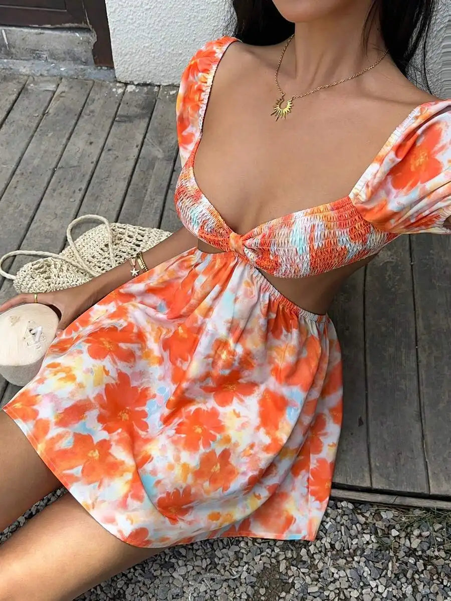 Women's Casual Vacation Versatile Stylish Floral Tie-Dye Print Puff Sleeve Mini Dress, Spring & Summer Party Dress