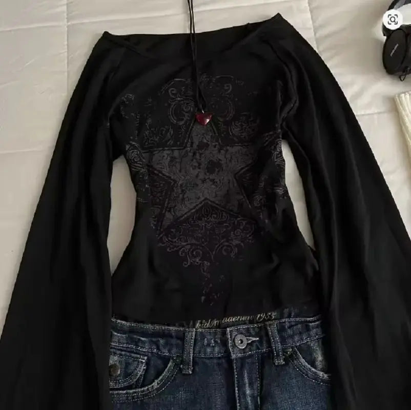 Y2K Grunge Emo Pattern Top Suitable for Autumn E-Girls Millennium Style Women's Aesthetic Gothic Printed Loose Long Sleeve T-shi