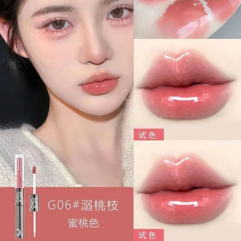 CHIOTURE Double-ended Lip Glaze Mirror Watery Glossy Lip Oil Lip Honey Female Non-stick Cup Lipstick Lip Gloss Non-fading Makeup