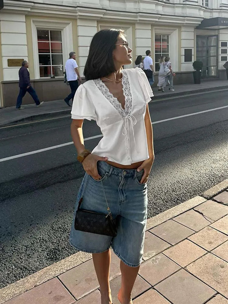 Women's Lace V-Neck Satin Top