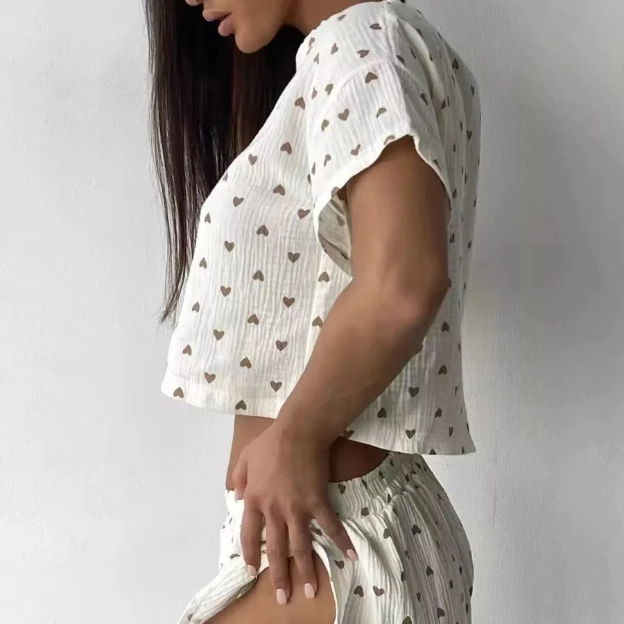 New Women's Home Clothes Pajamas Love Printed Soft and Comfortable Cotton Shorts Casual Loose Open Umbilical T-shirt Hot Selling
