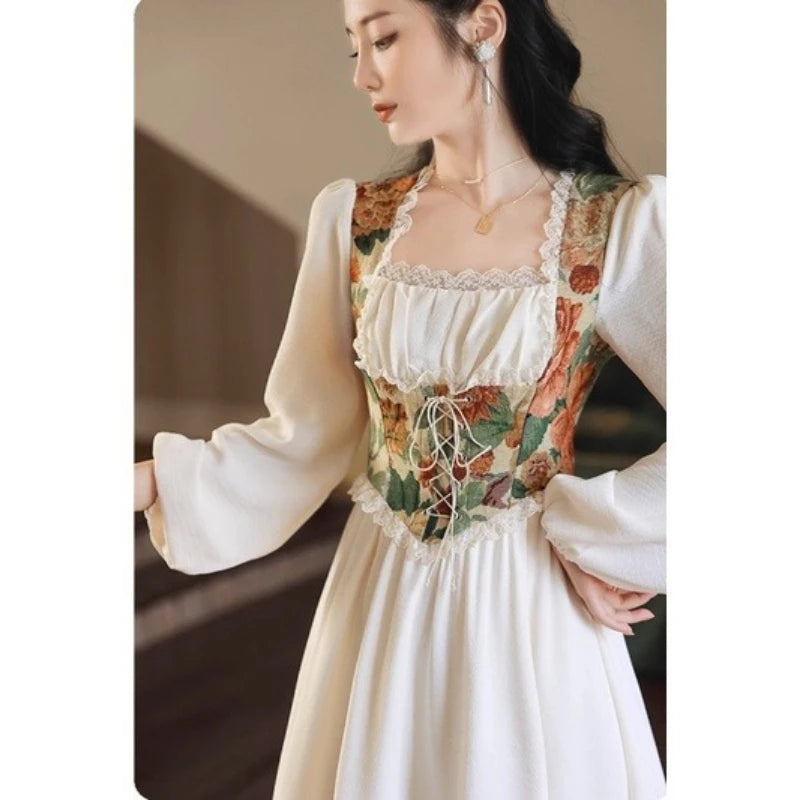 Women Vintage Floral Print Corset Dress, Long Sleeve Square Neck Lace Midi Dress, Cottagecore Elegant A-Line Party Dress