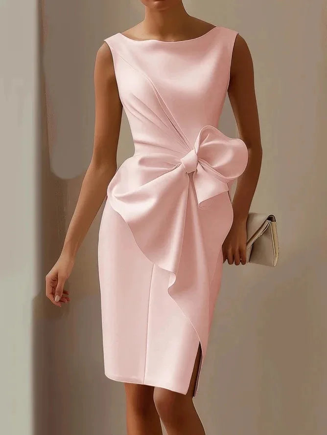Fashionable Butterfly Knot Sleeveless Midi Dress 2026 Pure Color European Style Dress for Women