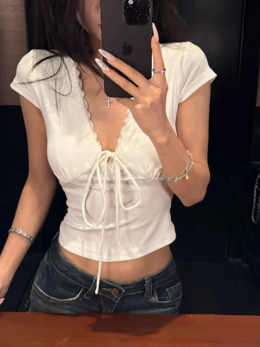 Women's Lace V-Neck Satin Top
