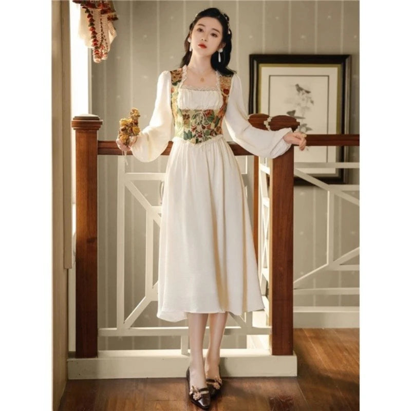 Women Vintage Floral Print Corset Dress, Long Sleeve Square Neck Lace Midi Dress, Cottagecore Elegant A-Line Party Dress