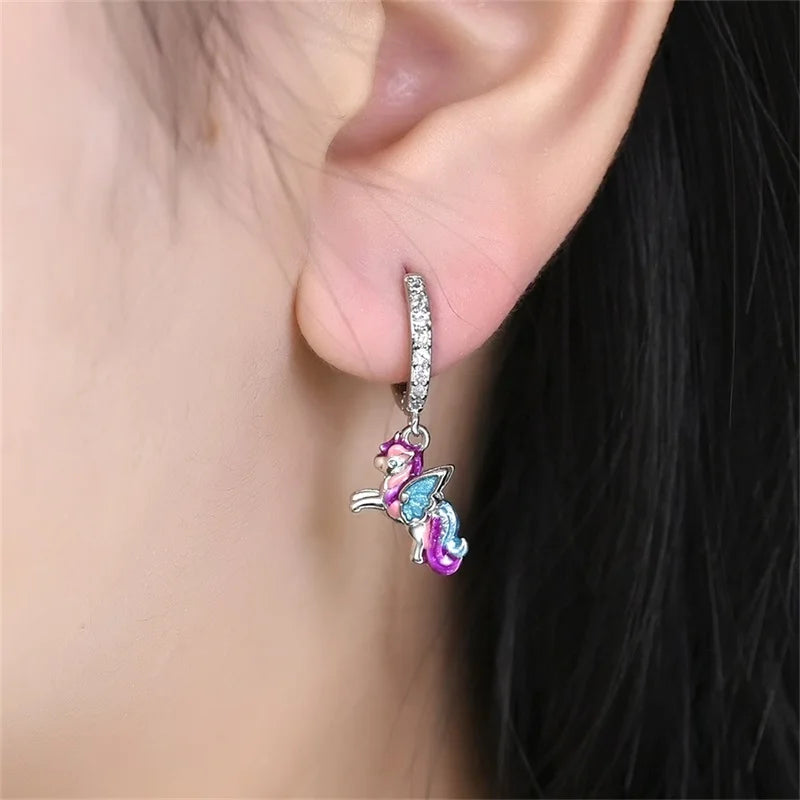 925 Silver Unicorn Rainbow Horse Sparkling Color Gemstone Women's Sweet Earrings Fit for Anniversary Engagement Delicate Jewelry