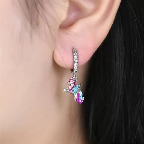 925 Silver Unicorn Rainbow Horse Sparkling Color Gemstone Women's Sweet Earrings Fit for Anniversary Engagement Delicate Jewelry
