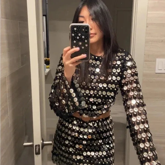CHNMR Sexy Shiny Sequins Dresses Female Glitter Flaer Sleeve Slim Hollow Out Mini Dress Sparkling Club Party Outfits High Street
